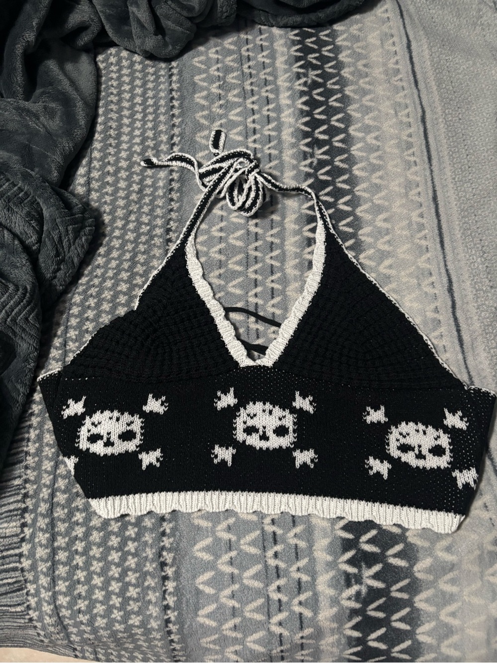 Black & White Skull Knit Halter Crop Top